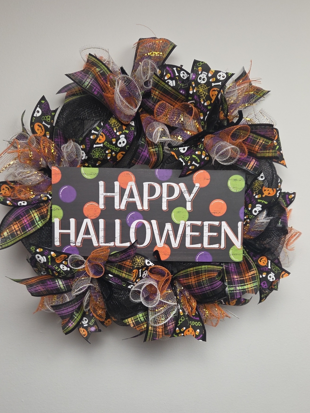 Happy Halloween Pumpkin Skeleton Plaid Black Deco Mesh Holiday Wreath Door Decor